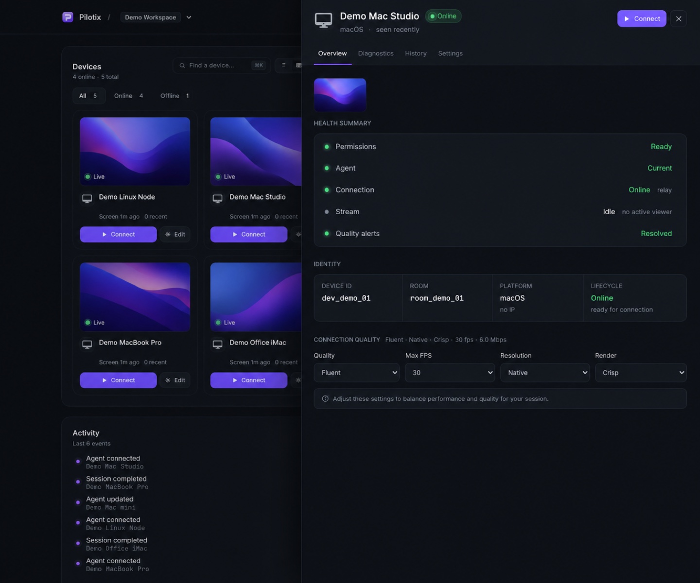 Device overview — platform, readiness and connection state.